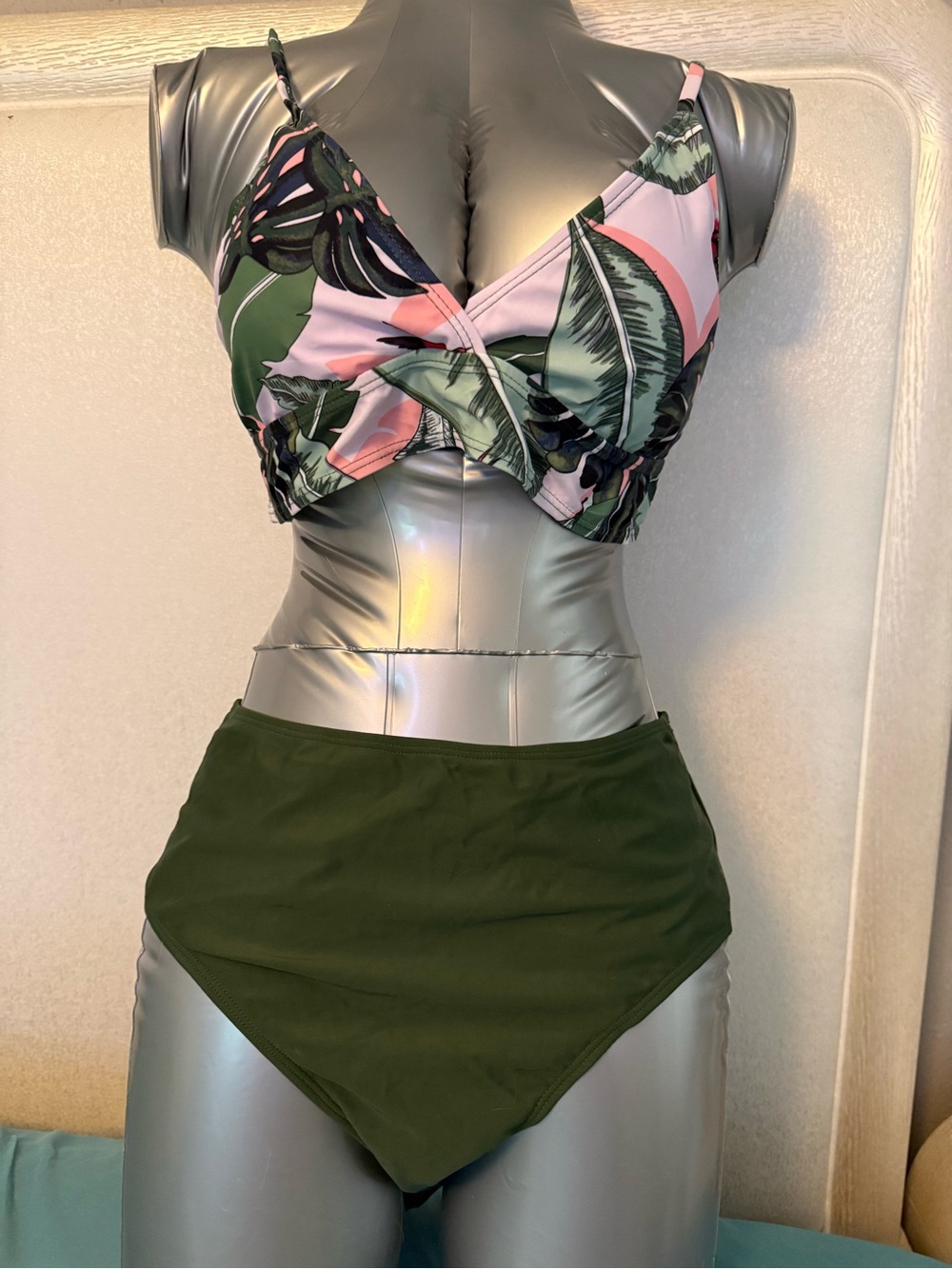 Women’s Two-Piece High-Waist Swim Set in Olive Green and Pink Leaf Print #3